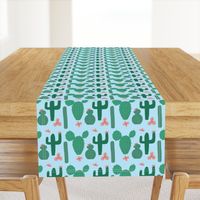 Green Cactus on Pale Blue with Pink Cactus Flowers