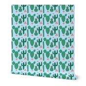 Green Cactus on Pale Blue with Pink Cactus Flowers