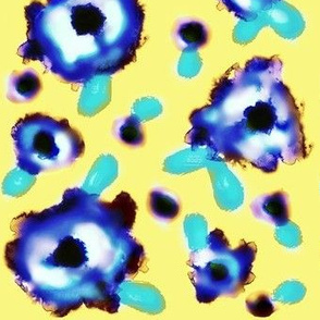 Beautifully Blue Blooms / Watercolor flowers med / on yellow  