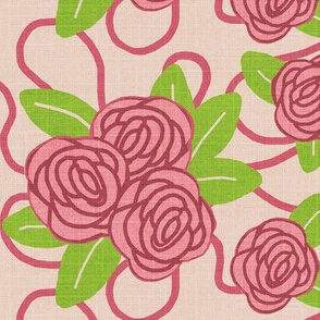 Pop of Cottage Meander / (Med)  / pink roses   on soft pink  - with linen texture 