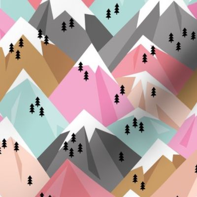 Abstract geometric winter snow topped mountains minimal climbing theme pink girls