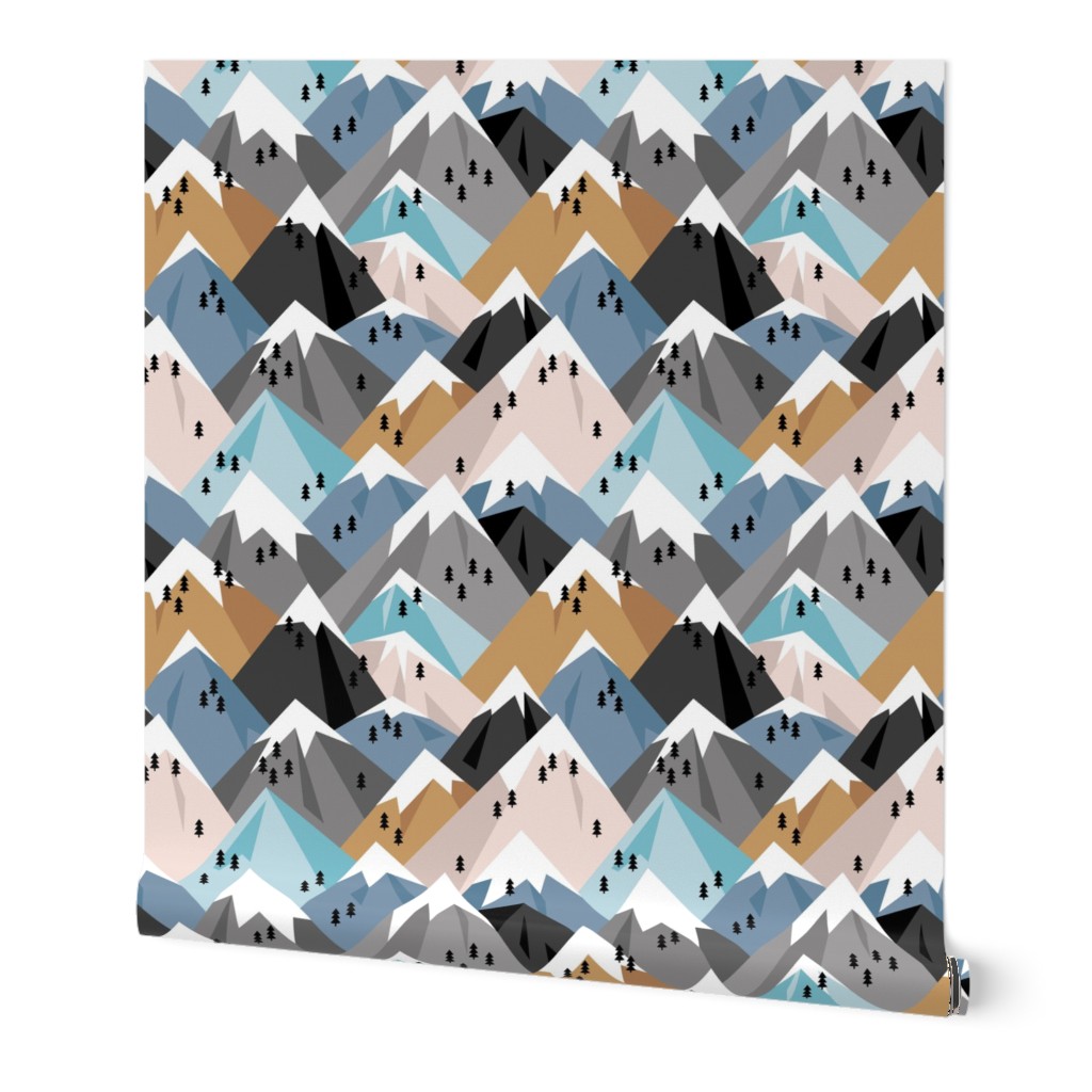 Abstract geometric winter snow topped mountains minimal climbing theme blue neutral boys XS