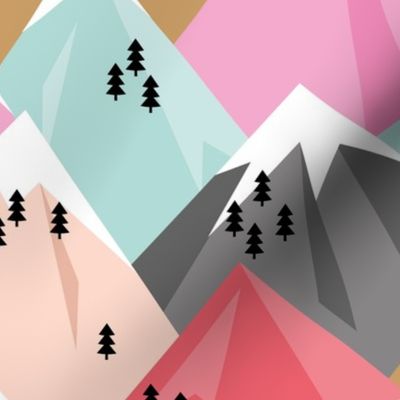 Abstract geometric winter snow topped mountains minimal climbing theme pink girls JUMBO