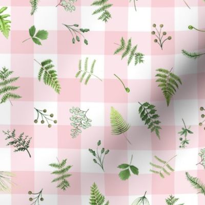 10" Woodland Animals - Little green leaves on pink-white gingham 