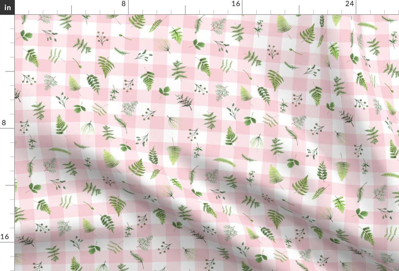 10" Woodland Animals - Little green leaves on pink-white gingham 