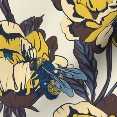 Peonies & Bees - large scale - yellow