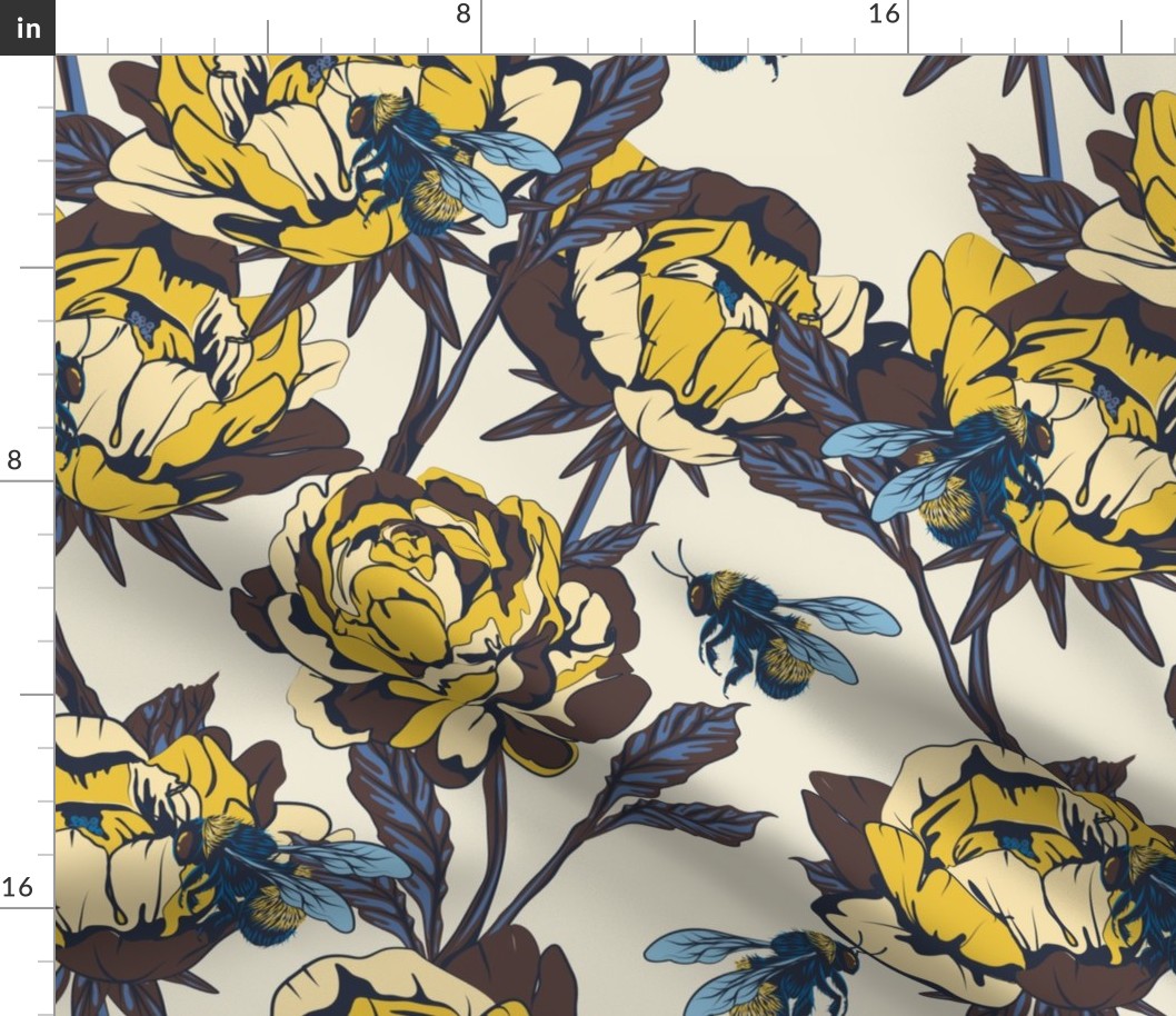 Peonies & Bees - large scale - yellow