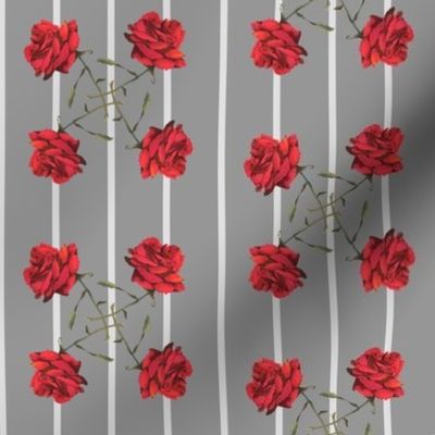 JP2 - Medium - Watercolor Red Rose Pinwheels on Monochromatic Grey Pinstripes