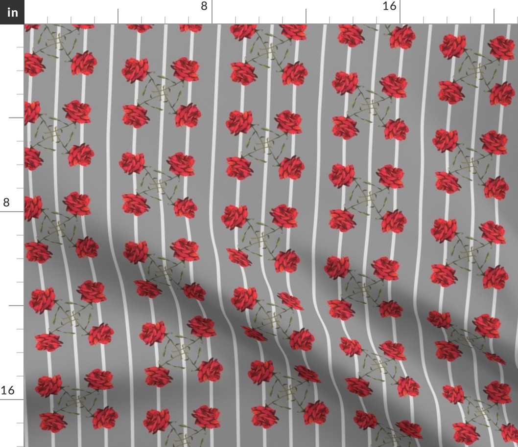 JP2 - Medium - Watercolor Red Rose Pinwheels on Monochromatic Grey Pinstripes