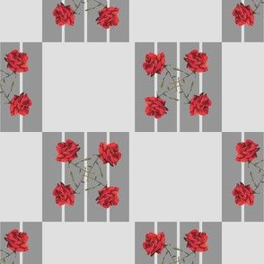JP2 - Watercolor Red Rose Pinwheels on Grey Pinstripes Alternate with Solid Grey Squares