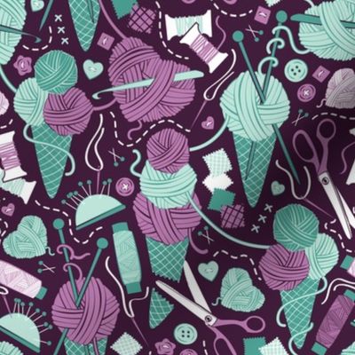 Small scale // All you knit is love // dark purple background teal and violet sewing details