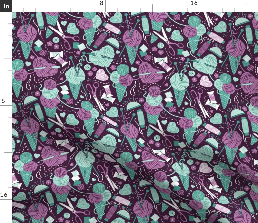 Small scale // All you knit is love // dark purple background teal and violet sewing details