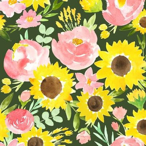 Sunflower Garden Watercolor Floral on Dark Green