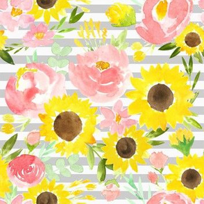 Sunflower Garden on gray thick stripes