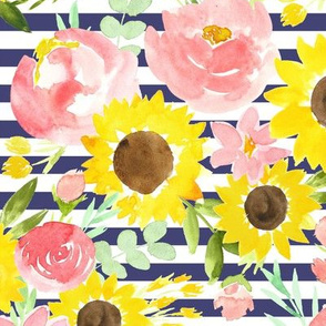 Sunflower Garden on thick navy stripes