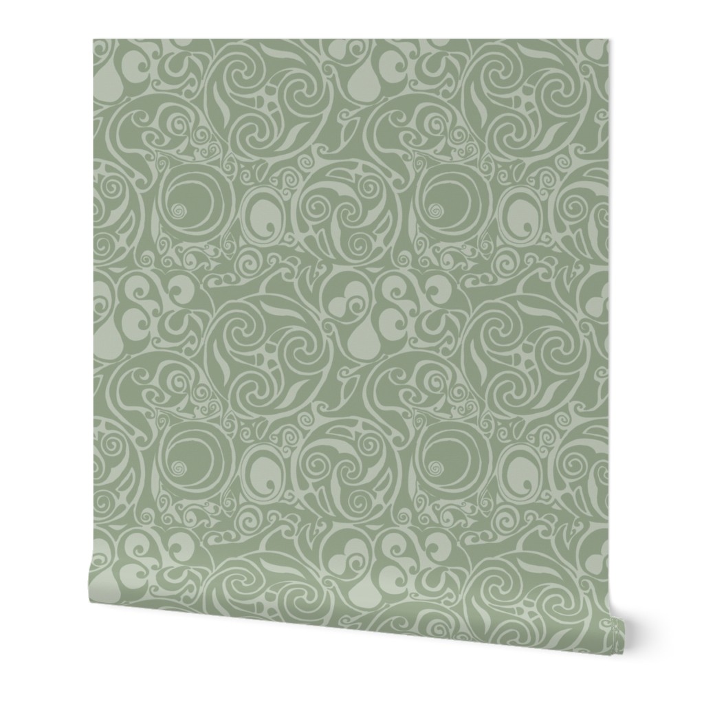 Sage green Celtic knots and Art Nouveau swirls in a serene, timeless pattern.