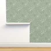Sage green Celtic knots and Art Nouveau swirls in a serene, timeless pattern.