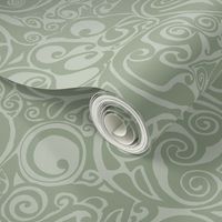 Sage green Celtic knots and Art Nouveau swirls in a serene, timeless pattern.