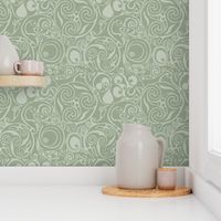 Sage green Celtic knots and Art Nouveau swirls in a serene, timeless pattern.