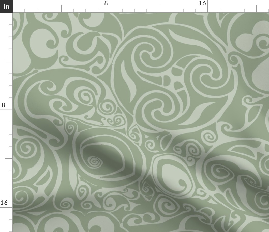 Sage green Celtic knots and Art Nouveau swirls in a serene, timeless pattern.