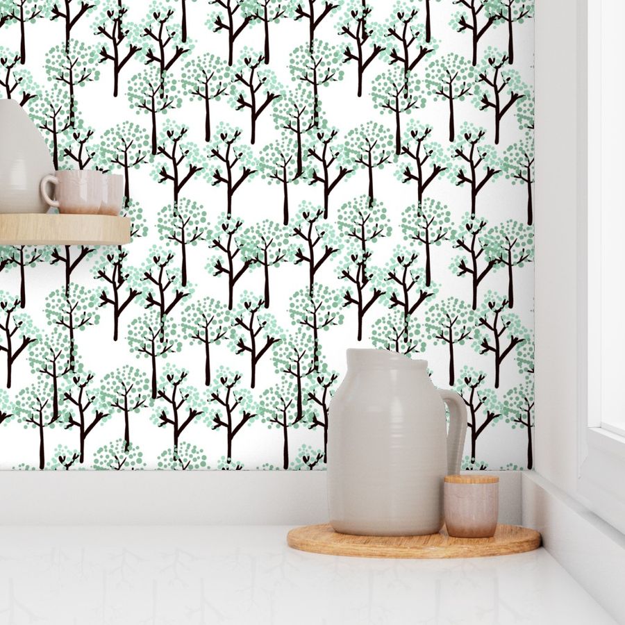 Charming forest pattern with turquoise leaves dotting brown branches.