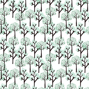 Charming forest pattern with turquoise leaves dotting brown branches.