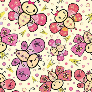 Adorable pink and orange hand drawn Kawaii style dancing butterflies design 
