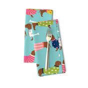 LARGE - dachshund dog fabric  dogs in sweaters fabric doxie dog design - blue