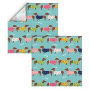 LARGE - dachshund dog fabric  dogs in sweaters fabric doxie dog design - blue