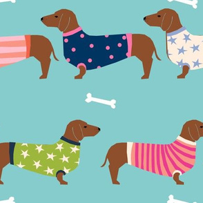 LARGE - dachshund dog fabric  dogs in sweaters fabric doxie dog design - blue