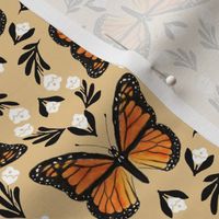 Butterfly fabric - monarch butterfly fabric, monarch butterflies - floral linocut fabric - lemon