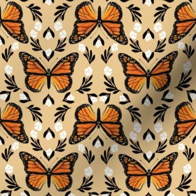 Butterfly fabric - monarch butterfly fabric, monarch butterflies - floral linocut fabric - lemon