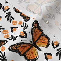 Butterfly fabric - monarch butterfly fabric, monarch butterflies - floral linocut fabric - orange