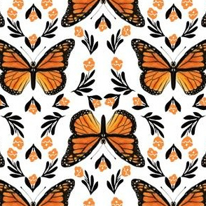 Butterfly fabric - monarch butterfly fabric, monarch butterflies - floral linocut fabric - orange