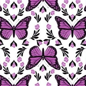 Butterfly fabric - monarch butterfly fabric, monarch butterflies - floral linocut fabric - purple