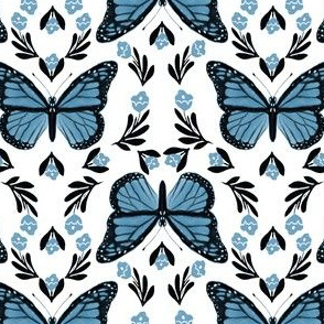 Butterfly fabric - monarch butterfly fabric, monarch butterflies - floral linocut fabric - blue