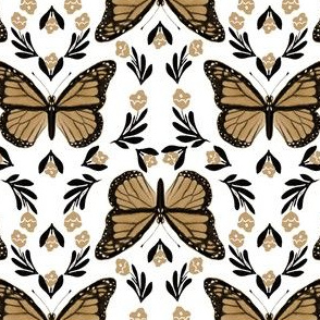 Butterfly fabric - monarch butterfly fabric, monarch butterflies - floral linocut fabric - taupe