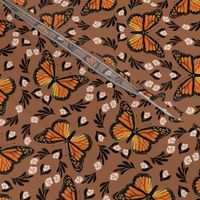 Butterfly fabric - monarch butterfly fabric, monarch butterflies - floral linocut fabric - earth