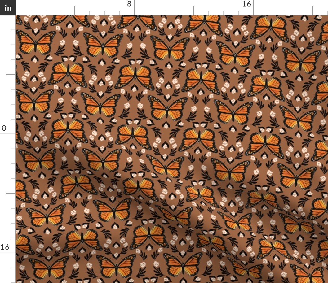 Butterfly fabric - monarch butterfly fabric, monarch butterflies - floral linocut fabric - earth