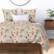 Mushrooms Birds Flowers Dots Lines Peach Pink Teal White Wallpaper Bedding Home Decor