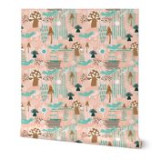 Mushrooms Birds Flowers Dots Lines Peach Pink Teal White Wallpaper Bedding Home Decor