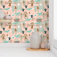 Mushrooms Birds Flowers Dots Lines Peach Pink Teal White Wallpaper Bedding Home Decor