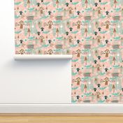 Mushrooms Birds Flowers Dots Lines Peach Pink Teal White Wallpaper Bedding Home Decor