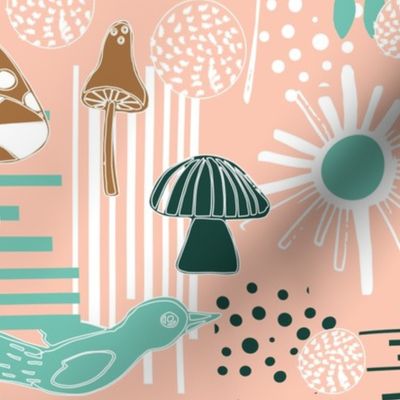 Mushrooms Birds Flowers Dots Lines Peach Pink Teal White Wallpaper Bedding Home Decor