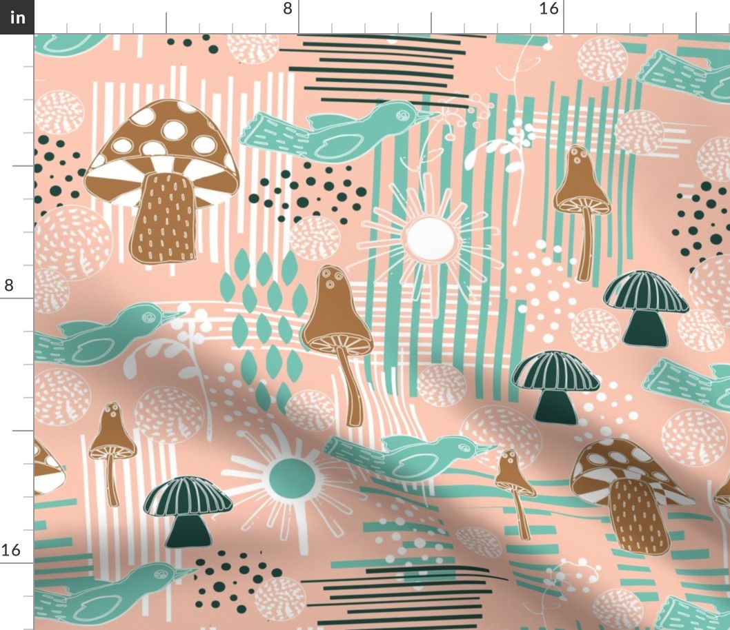 Mushrooms Birds Flowers Dots Lines Peach Pink Teal White Wallpaper Bedding Home Decor