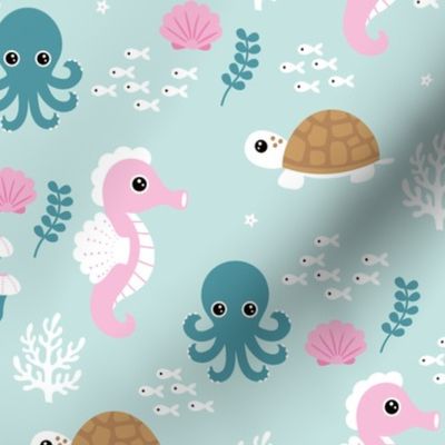 Deep sea coral reef friends ocean fish turtle sea horses and squid kids print mint pink girls