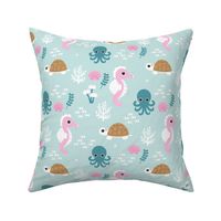 Deep sea coral reef friends ocean fish turtle sea horses and squid kids print mint pink girls