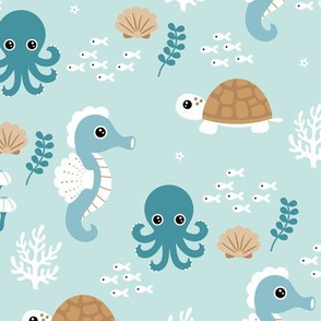 Deep sea coral reef friends ocean fish turtle sea horses and squid kids print blue cinnamon boys