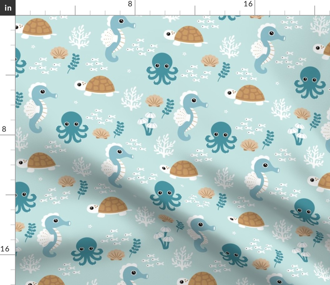 Deep sea coral reef friends ocean fish turtle sea horses and squid kids print blue cinnamon boys