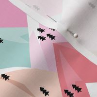 Abstract geometric winter snow topped mountains minimal climbing theme colorful pink pastels girls